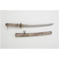 Silver overlaid short sword, approx. 18”  overall with a 12” blade; Japanese or  Chinese, shows age.