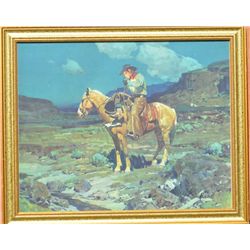 Framed original Frank Tenney Johnson print  entitled “Guardian of the Herd”, 1936; from  the Johnson