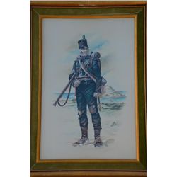 Lot of 6 matching framed watercolors of early  British & European soldiers in uniform by  Charles C.