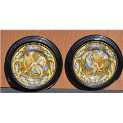 Pair of antique painted porcelain round wall  plates in painted gesso covered wood frames,  each app