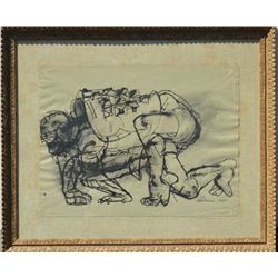 Modernist watercolor of man in football  position signed Lebrun lower right, dated  1949.  Approx. 1