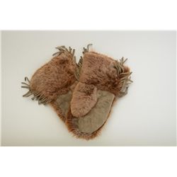Pair of old beaver mitts with heavy fringe  and trade cloth lining; overall good  condition.  Est.: 