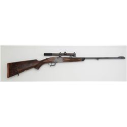 Custom single shot rifle, .22 Hornet cal.,  23-3/4” barrel, blue finish, engraved  receiver, checker