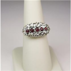 Terrific 14 karat two-tone gold ladies  vintage ring set with 21 old cut diamonds and  rubies weighi