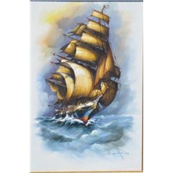 Large nicely framed oil painting on canvas  signed Andres Orpinas of a square rigger  moving briskly