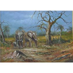 Beautifully framed oil painting on canvas of  two adult elephants and a baby elephant,  signed H. Ca