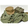 Lot of military gear including 2 gas masks, a  hat, an M1 carbine boot, laundry bag and a  sea bag. 