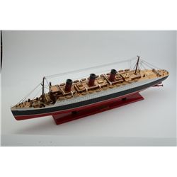 Large detailed painted wood model of the  Queen Mary ship approx. 40” long, 5” wide and  10” in heig