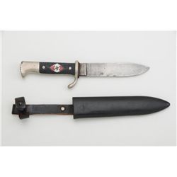 Post-WW II nazi knife from Hitler Youth  pattern marked “Solingen, Germany” with metal  sheath.  Est