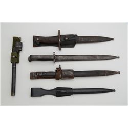 Lot of 4 misc. bayonets and a metal scabbard  with leather hanger including one British  bayonet wit