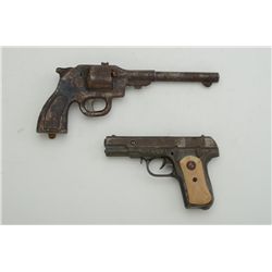 Lot of 2 older metal cap guns; one shaped  like a Colt 1903 pistol, the other shaped  loosely like a