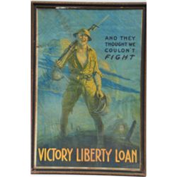 Framed WW I Victory Liberty Loan color  poster, approx. 32” x 21” showing an American  soldier carry