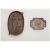 Image 1 : Lot of 2 antique metal ashtrays; one showing  a man and woman, approx. 6” x 3-1/2”, slight  old dama