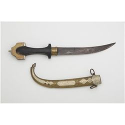 Moroccan curved blade ceremonial knife with  engraved metal scabbard, approx. 15” overall  with wood