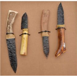 Lot of 4 modern-made hand chipped stone  knives, three with wood grips, one with stag  grip; ranging