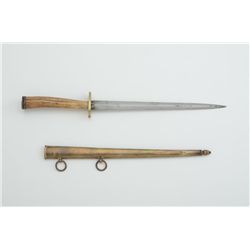 Old spear point hunting knife with stag grip  and engraved brass sheath, two hanging rings,  Europea