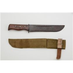 Belt knife with hand-made material sheath,  approx. 12” overall with wood grip, fair  condition over