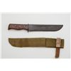 Image 1 : Belt knife with hand-made material sheath,  approx. 12” overall with wood grip, fair  condition over