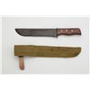 Image 2 : Belt knife with hand-made material sheath,  approx. 12” overall with wood grip, fair  condition over