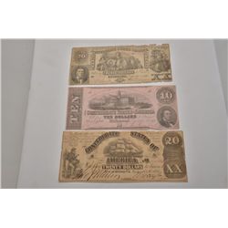 Lot of 3 pieces of Confederate currency; 2 -  $20 bills and 1- $10 bill.  Est.:  $125-$250.
