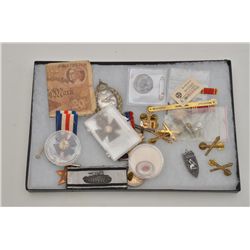 Riker case of misc. British, American and  nazi medals, pins and related materials.    Est.:  $200-$