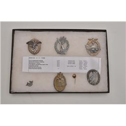 Riker case of 7 various nazi badges and pins  including an infantry/assault badge, a 2nd  model E-bo