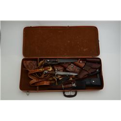 Bonanza lot of 10 misc. leather holsters, 4  knives with sheaths and a Remington bayonet  all contai