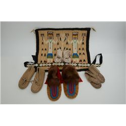 Misc. American Indian items including 4 pair  of moccasins, 1 small Hopi woven blanket and  a piece 