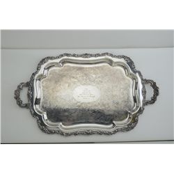 Large silver serving tray approx. 17-1/2” x  30” inscribed “Hotel Sahara Antique Arms Show  Best Dis