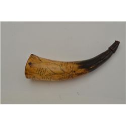 Interesting old carved map horn of Indian  battles 1865-1876 out West; carved “A.N.” on  wood plug; 