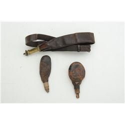 Lot of leather shot bags and flasks, 11  pieces, all 19th century.   Est.:  $150-$300.