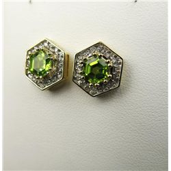Charming 10 karat yellow gold ladies earrings  set with hexagonal cut peridot and 36 round  diamonds