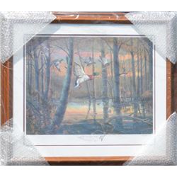 Framed and matted print entitled The Mallard  Hole by R. J. McDonald, hand signed, approx.  27” x 30