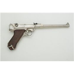 German Artillery Luger by DWM dated 1918,  semi-auto pistol, 9mm, 8” barrel, checkered  wood grips,