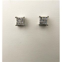 Intricate 14 karat white gold ladies earrings  invisible set with 18 princess cut diamonds  weighing