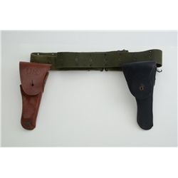 Lot of 2 U.S. marked leather flap holsters,  one in brown, one in black, each with a green  woven we