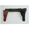 Image 1 : Lot of 2 U.S. marked leather flap holsters,  one in brown, one in black, each with a green  woven we