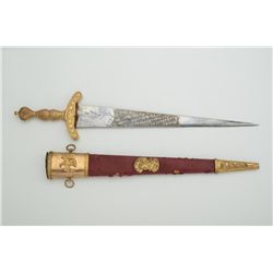 Romantic styled armoral short sword with  presentation etched on blade “Won by bank  staff of Faulkn