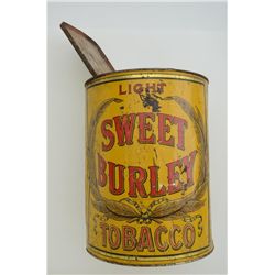 Large antique metal advertising tin for  “Light Sweet Burley Tobacco” approx. 11” in  height and 9” 