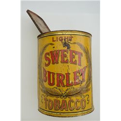 Large antique metal advertising tin for  “Light Sweet Burley Tobacco” approx. 11” in  height and 9” 