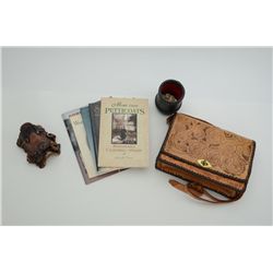 Misc. lot including leather dice cup with 10  dice, decorator’s saddle box, small size, 5  soft cove