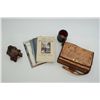 Image 1 : Misc. lot including leather dice cup with 10  dice, decorator’s saddle box, small size, 5  soft cove