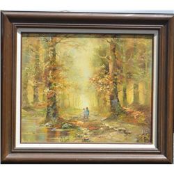 Framed oil on canvas painting of two little  girls walking in the woods signed Polek,  nicely accomp