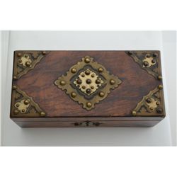 Antique wood vanity box approx. 10” x 5” x 4”  displaying fine graining with brass and bone  decorat