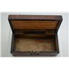 Image 2 : Antique wood vanity box approx. 10” x 5” x 4”  displaying fine graining with brass and bone  decorat