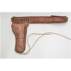 Great old tooled leather holster and  cartridge belt, unmarked, for a SAA 5-1/2”  barrel, in well-wo