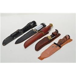 Lot of 5 modern knives with sheaths including  a fine Buck knife,  a skinning knife and 3  assorted 