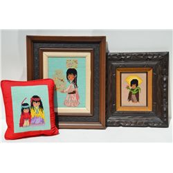 Lot of framed DeGrazia needlepoint artwork, a  decorative plate and decorative pillow.   Est.:  $100