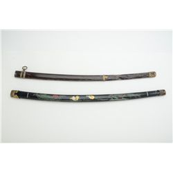 Lot of Japanese sword parts including 4  tsubas, 2 scabbards and 2 handles, both with  wrappings and