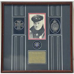 Framed and matted display commemorating  Germany’s Red Barron Manfred Von Richthofen  with copy of a